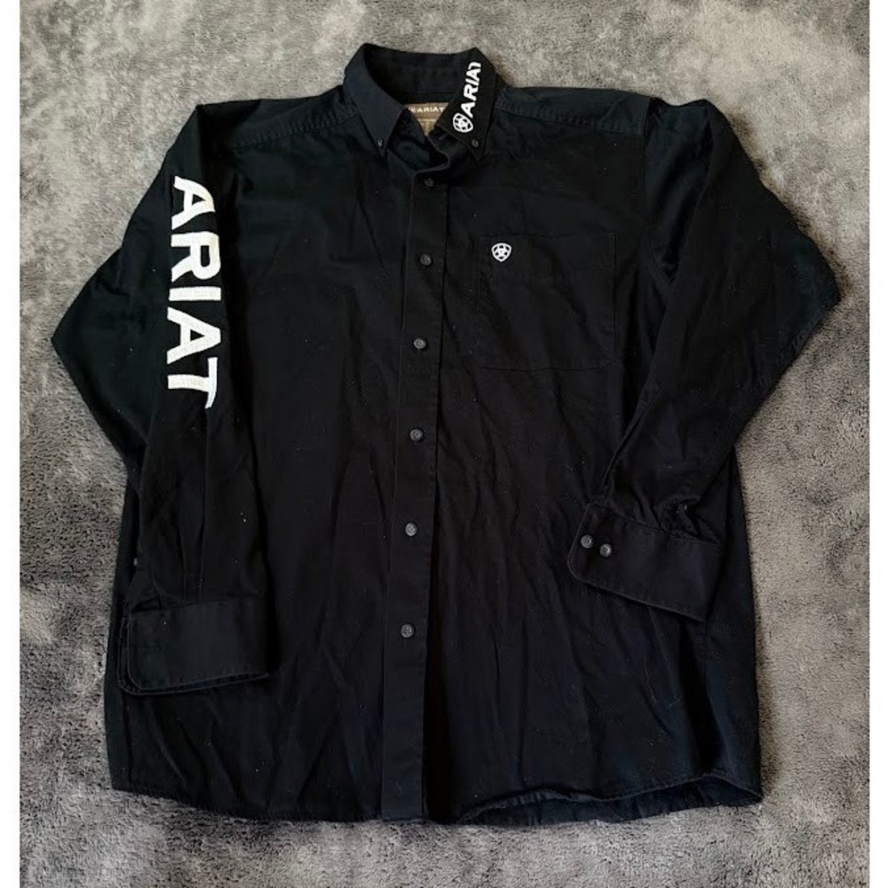 Ariat Mens Western Shirt Black Long Sleeve Logo Embroidery Button Down Size M